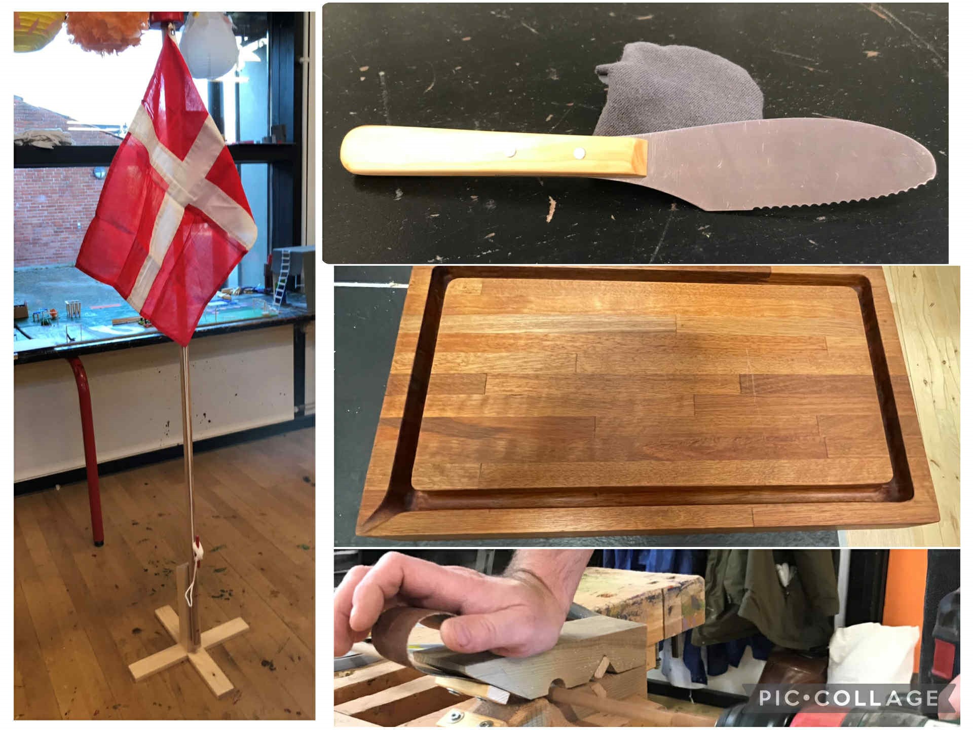 Et dannebrosflag, en smørekniv, et spækkebræt og en mand der laver arbejde ved en sløjdbænk